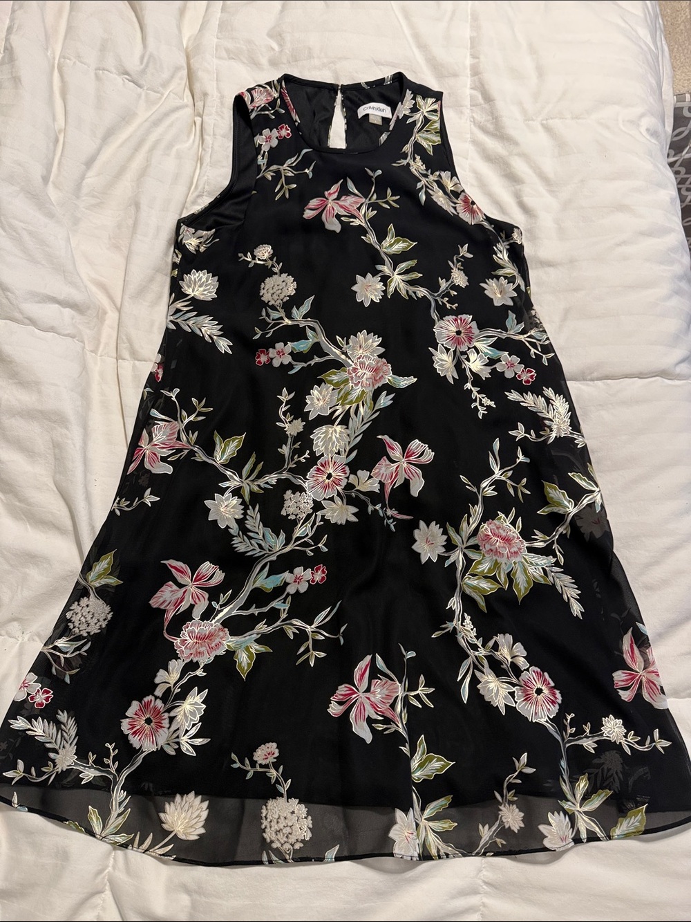 Calvin Klein - Black Floral A-Line Mini Dress with Pink & Green Accents - Size 8